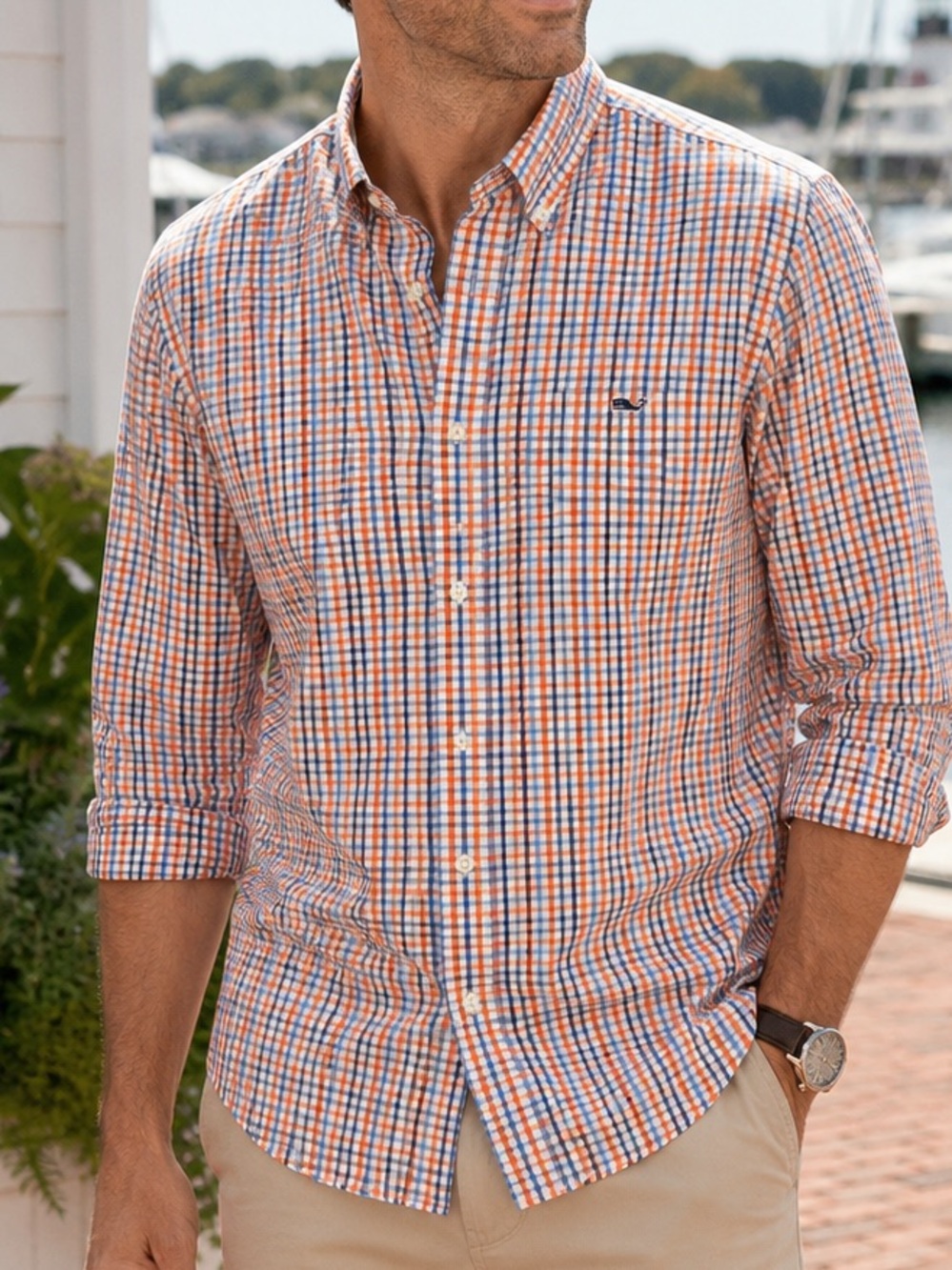 Vineyard Vines Classic Fit Tattersall Poplin Shirt Nautical Orange Blue Plaid S